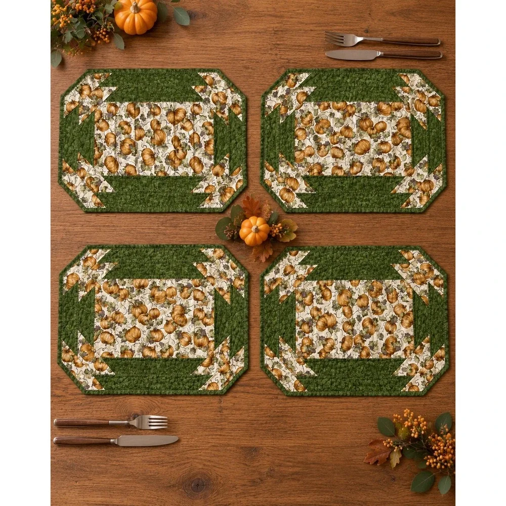 Handmade Quilted Pumpkin Placemats Set of 4 Green Orange Fall Harvest Decor